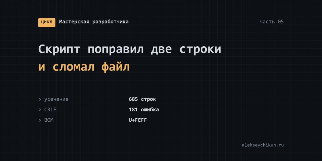 Скрипт поправил две строки и сломал файл: усечение, CRLF и BOM